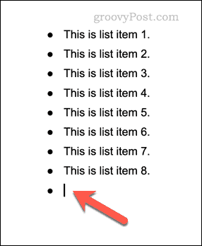 Voorbeeld van een lijst met opsommingstekens in Google Documenten