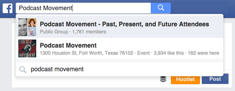 podcast-bewegingsgroep in Facebook-zoekopdracht