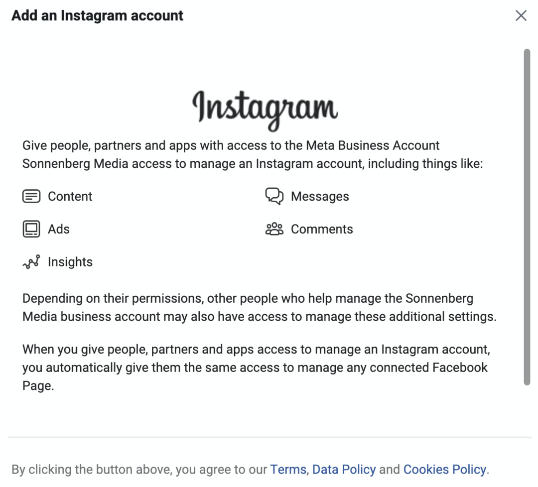 afbeelding van het scherm Een Instagram-account toevoegen in Meta Business Manager