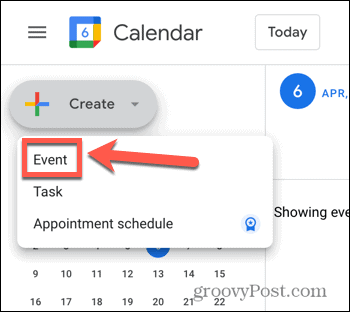 Google Agenda maakt screenshot van evenementoptie