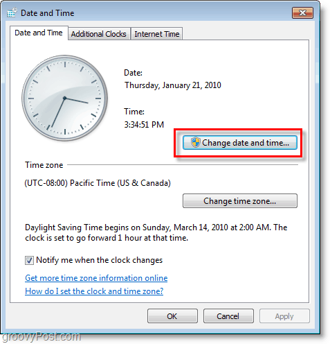 Schermafbeelding van Windows 7 - wijzig de datum en de tijd