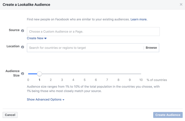 Instellen of een lookalike publiek wordt gebruikt voor een Facebook-leadadvertentiecampagne.