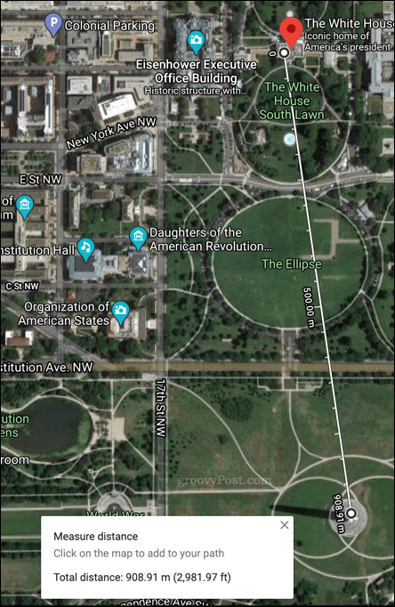 Een voorbeeld van gemeten afstand in Google Maps
