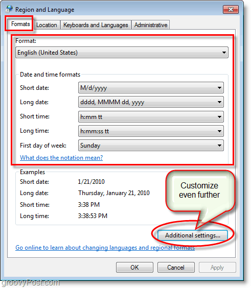 Schermafbeelding van Windows 7 verandert de instellingen voor regio- en taalindelingen