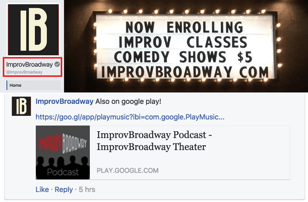Merk op dat de Facebook-pagina van ImprovBroadway bovenaan een grijs vinkje naast de naam heeft staan; het verschijnt echter niet naast de naam in berichten of opmerkingen.