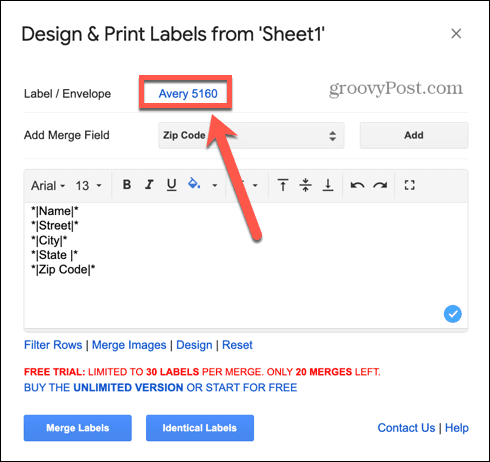 Google Spreadsheets labeltype