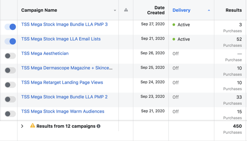 voorbeeld van campagnesets voor Facebook-advertentiegegevens waarin 2 actieve sets worden weergegeven, inclusief versie 3 van een bepaalde advertentieset, terwijl 5 sets inactief zijn, inclusief versie 2 van de vermelde advertentieset