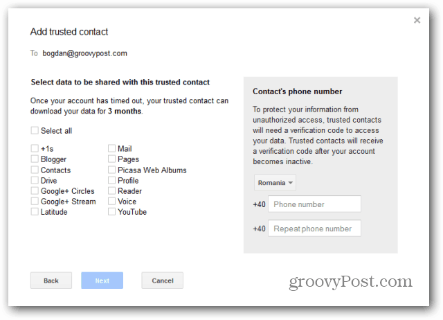 Contactverificatie van Google Inactive Account Manager