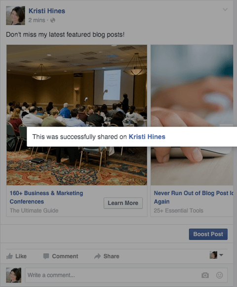 Facebook-carrouseladvertentie gedeeld als bevestigingsbericht op een pagina