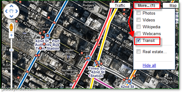 klik op het menu meer en schakel het vinkje voor openbaar vervoer in Google Maps in