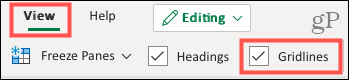 Controleer rasterlijnen op het tabblad Weergave in Excel online