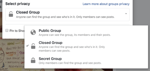 Elke Facebook-groep kan openbaar, gesloten of geheim zijn.