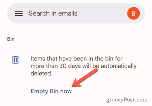 Optie voor lege prullenbak in Gmail op mobiel