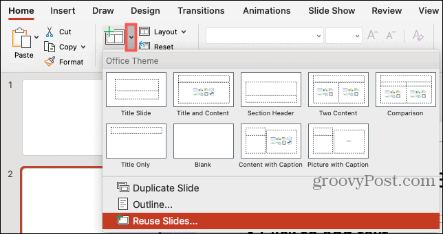 Nieuwe dia, dia's opnieuw gebruiken in PowerPoint op Mac