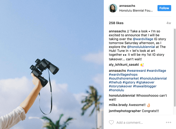 Vraag je partner om een ​​aanstaande verhaalovername aan hun Instagram-volgers aan te kondigen.