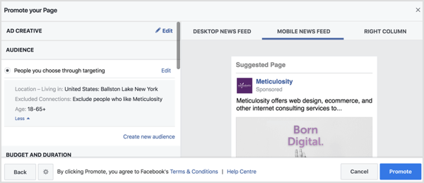 Facebook vult automatisch de doelgroepinstellingen in op basis van uw locatiepagina. 