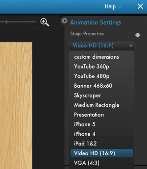 Klik op het menu Moovly Animation Settings om de optimalisatie-opties voor het videoplatform te zien.