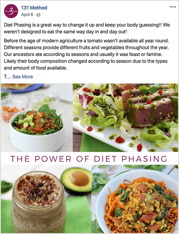 De 131 Method Facebook-pagina berichten over dieetfasering.