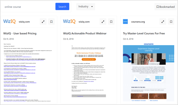 Met WhoSendsWhat kunt u bladwijzers maken voor e-mails voor toekomstig gebruik, e-mailvoorbeelden sorteren op branche en uw zoektocht starten met specifieke domeinen.