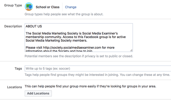 Geef aanvullende details over uw Facebook-groep, zodat mensen deze gemakkelijker kunnen ontdekken.