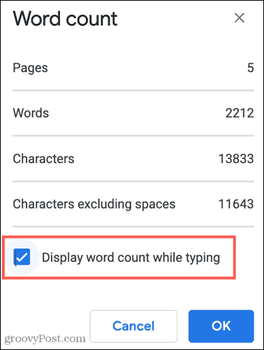 Toon het aantal woorden tijdens het typen in Google Documenten