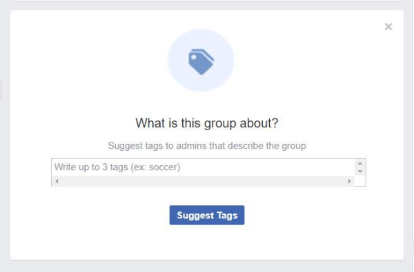 Een pop-up in Facebook Groups vraagt ​​leden om tags voor te stellen die de groep beschrijven.