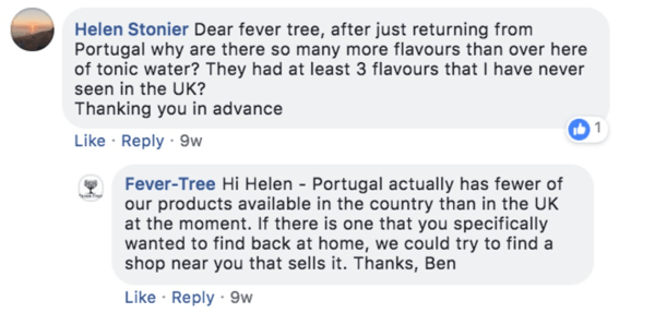 Voorbeeld van Fever-Tree die reageert op de vraag van een klant in een Facebook-bericht.