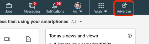 screenshot van de knop Adverteren op LinkedIn
