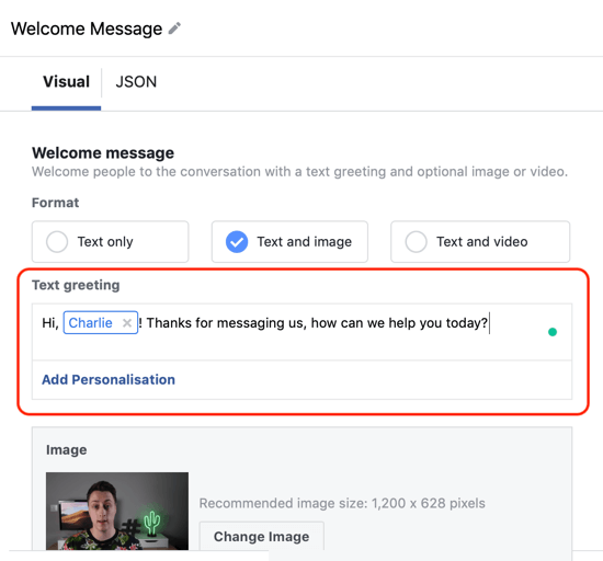 Hoe u warme leads kunt targeten met Facebook Messenger-advertenties, stap 12, voorbeeld van personalisatie van aangepaste sjabloon voor messenger-bestemmingen