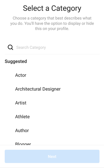 Instagram Creator Profile Category-selectie, stap 1.