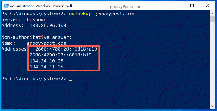 De NSlookup-opdracht in een Windows 10 PowerShell-venster met de opzoekgegevens van de naamserver voor Groovypost.com
