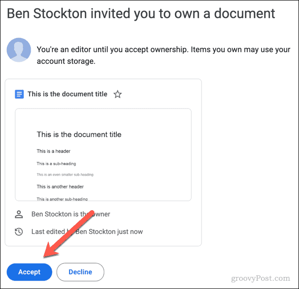 E-mailuitnodiging om eigendom van een Google Documenten-bestand te accepteren of af te wijzen