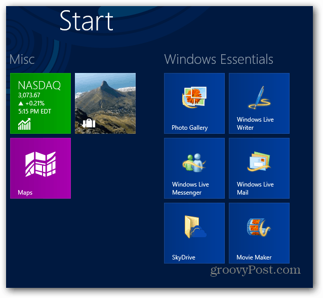 Startscherm van Windows Essentials