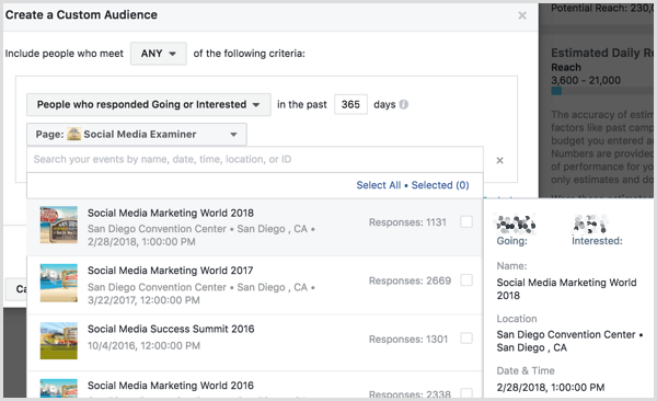 Facebook Ads Manager creëer een aangepast publiek op basis van evenementbetrokkenheid