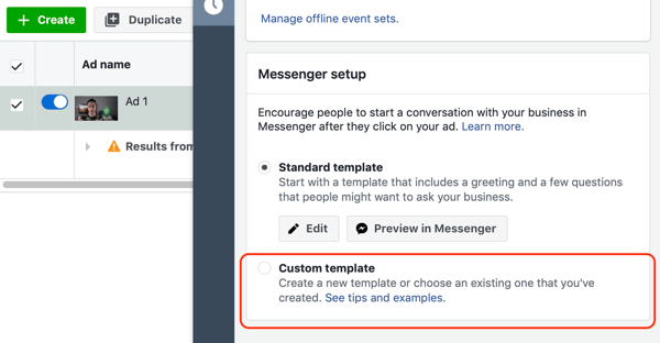 Hoe u warme leads kunt targeten met Facebook Messenger-advertenties, stap 10, aangepaste sjabloonoptie voor Messenger-bestemming