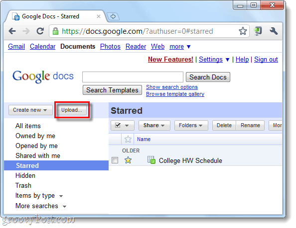 log in en klik op de uploadknop van Google Documenten