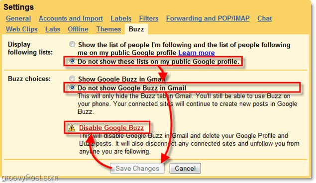 klik in de Gmail-instellingen op het tabblad Google buzz