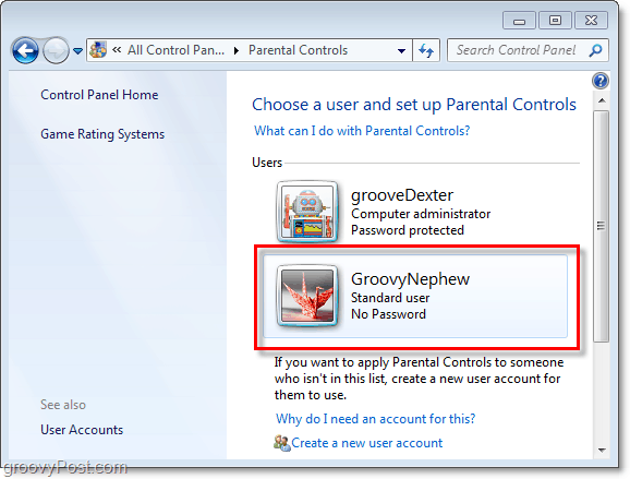 kies een gebruiker om de eigenschappen van ouderlijk toezicht aan te passen in Windows 7