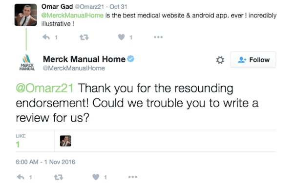Merck Manual Home moedigt klanten aan om een ​​recensie voor hun app achter te laten.