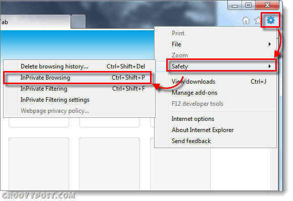 begin met privé surfen in Internet Explorer 9