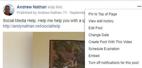 Om de insluitcode voor een Facebook Live-videopost te krijgen, klikt u op het menu met drie stippen en selecteert u Insluiten.
