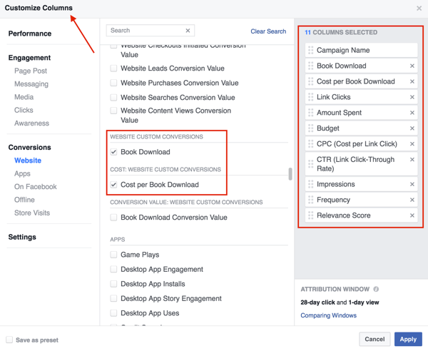 Selecteer de kolommen die u aan de tabel met resultaten van uw Facebook-advertenties wilt toevoegen.