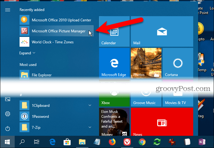 De Microsoft Office Picture Manager onder Recent toegevoegd in het menu Start van Windows 10