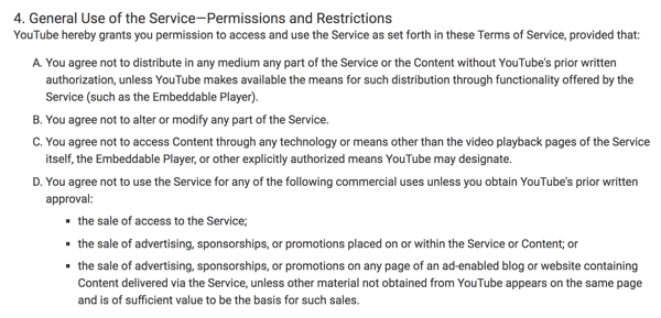 De Servicevoorwaarden van YouTube geven duidelijk het beperkte commerciële gebruik van het platform weer.