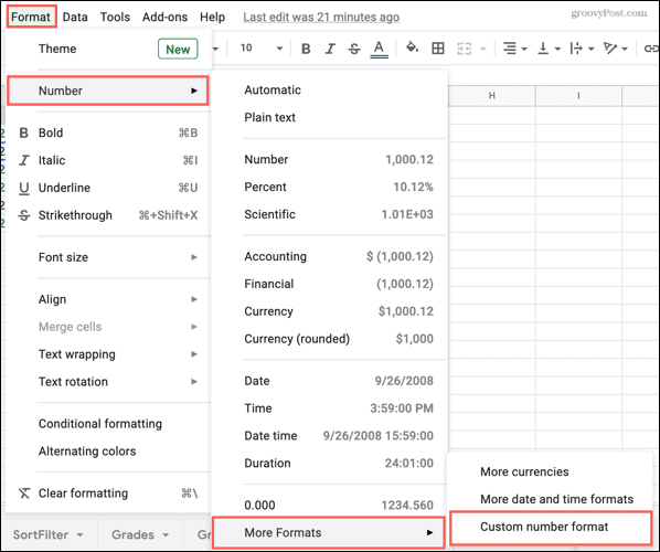 Formaat, getallen, meer formaten, aangepaste getalnotatie in Google Spreadsheets