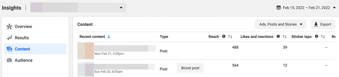 Meta Business Suite Insights-inhoud