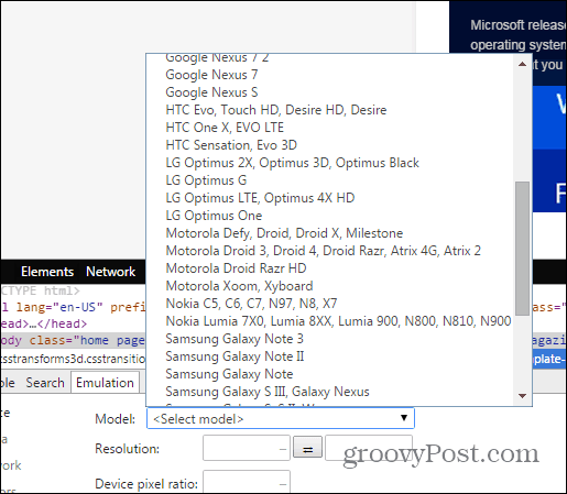 Chrome-ontwikkelaarstools emulatiesensoren apparaat selecteren