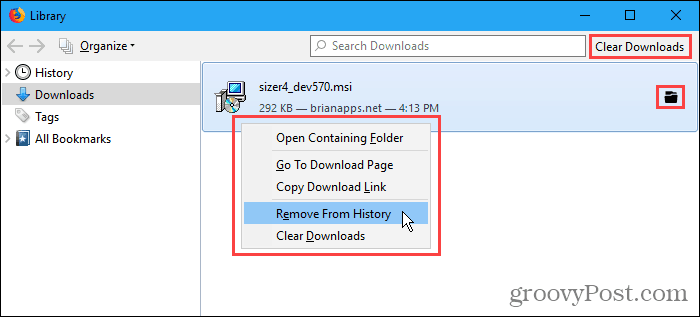 Downloads in het dialoogvenster Bibliotheek in Firefox