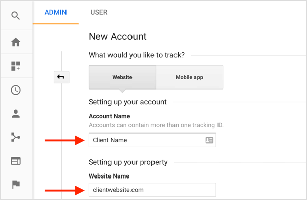 Vul informatie in om een ​​nieuw klantaccount aan te maken vanuit uw Google Analytics-account.