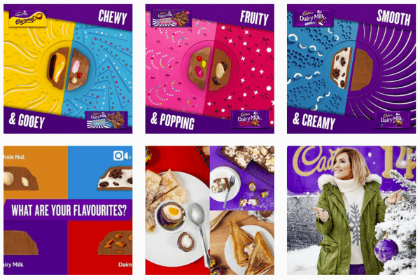De Instagram-feed voor Cadbury's richt zich op hun iconische paarse kleur.